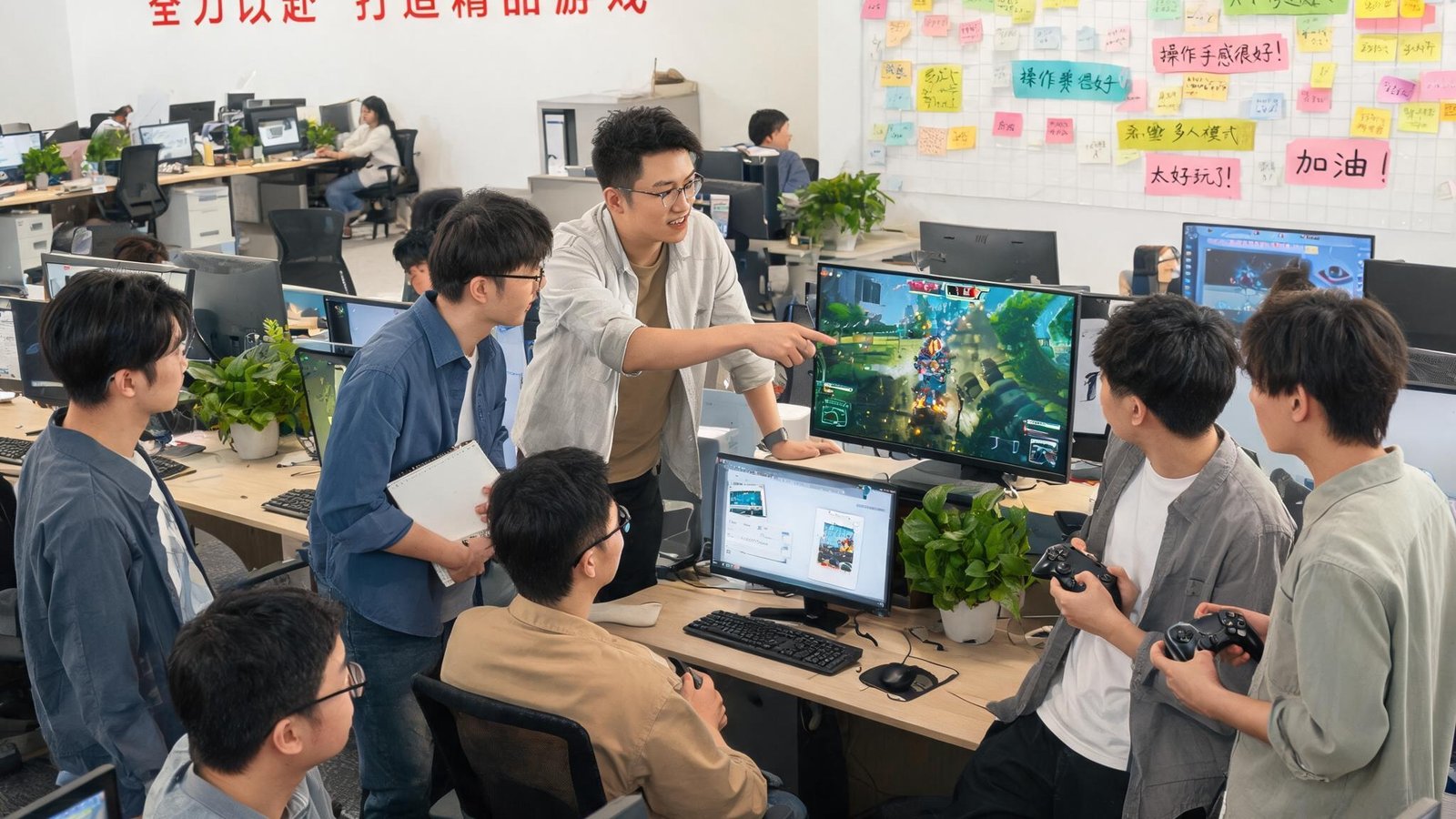 爱游戏中国团队在开放式办公室内进行游戏测试与讨论，墙上有中文标语和玩家反馈墙