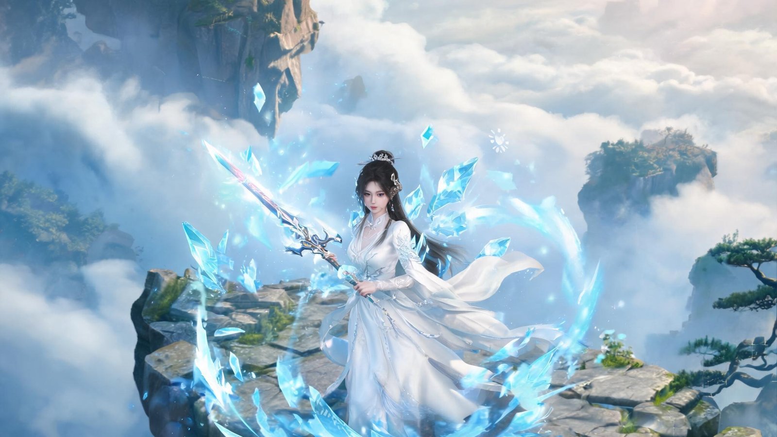 仙侠角色扮演游戏《幻灵大陆》截图，展示仙气缭绕的场景与角色技能特效，界面完全汉化