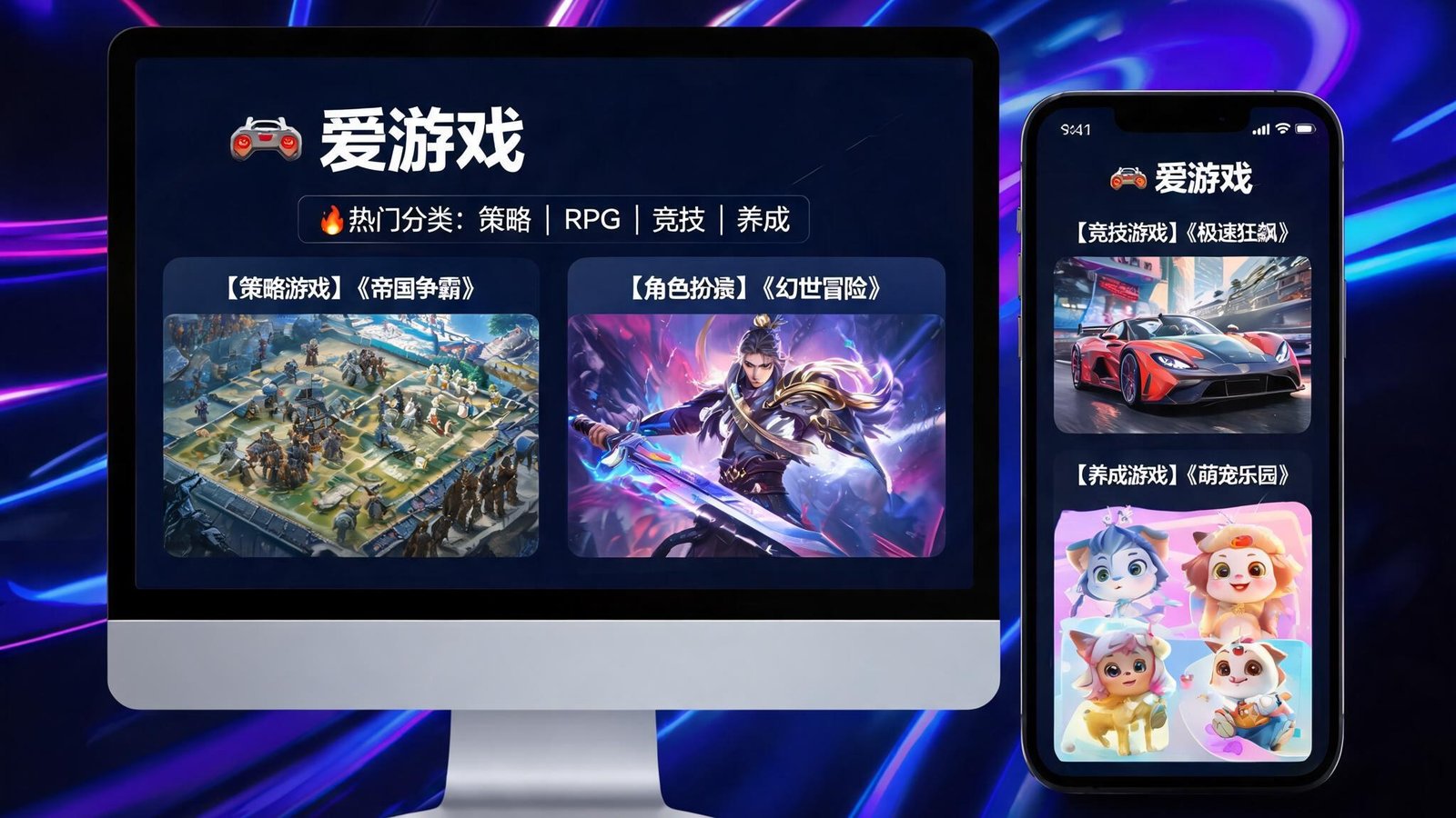 爱游戏平台在电脑和手机上展示丰富多彩的游戏界面，包括策略、角色扮演等热门类型，背景为炫酷光影